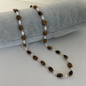 Tigers Eye Faux Pearl Silver Tone Beaded Necklace 19.5 inch Classic Earthy Chic